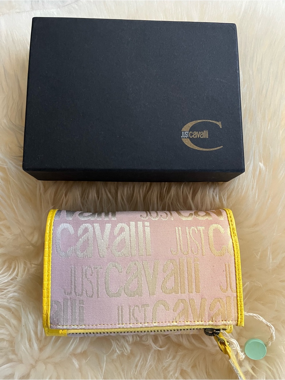 NWT 100% AUTH Just Cavalli Pink Gradient Jacquard Wallet with Yellow Trim